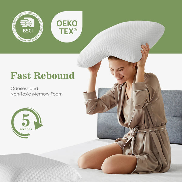 A woman is using a white memory foam neck pillow, demonstrating its fast rebound feature on a bed.