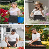 A collage showing various uses of a unisex waist apron with three pockets in gardening, cooking, and BBQ contexts.