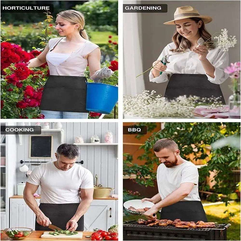 A collage showing various uses of a unisex waist apron with three pockets in gardening, cooking, and BBQ contexts.