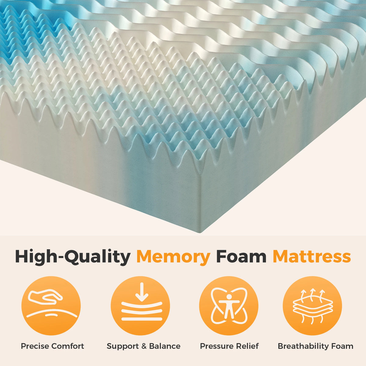 Close-up view of a blue memory foam mattress with textured surface showing features like precise comfort, support and balance