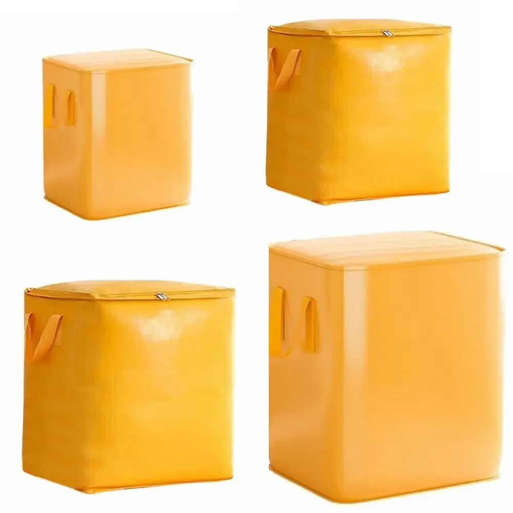 A set of three bright yellow heavy duty foldable storage sacks or bags.