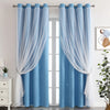 Light blue sheer and opaque double-layer decorative curtains hanging in a white door frame.