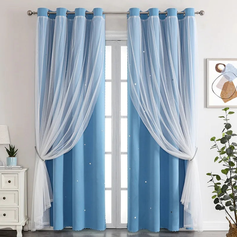 Light blue sheer and opaque double-layer decorative curtains hanging in a white door frame.