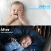 Before and after comparison showing a baby's sleep quality with portable blackout window shades.