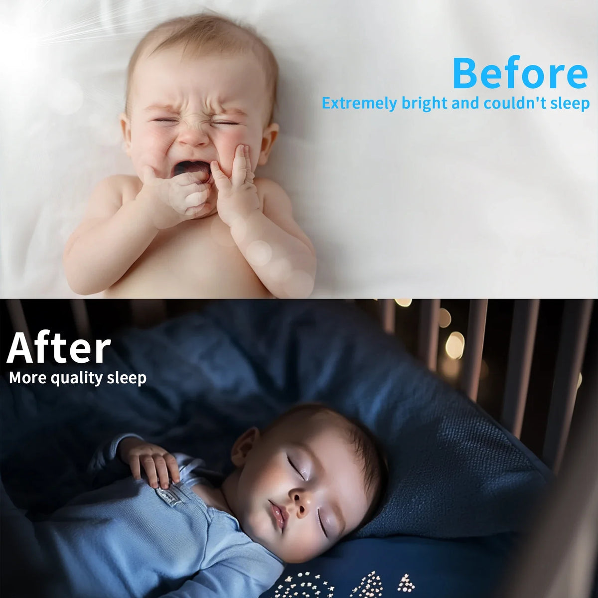 Before and after comparison showing a baby's sleep quality with portable blackout window shades.
