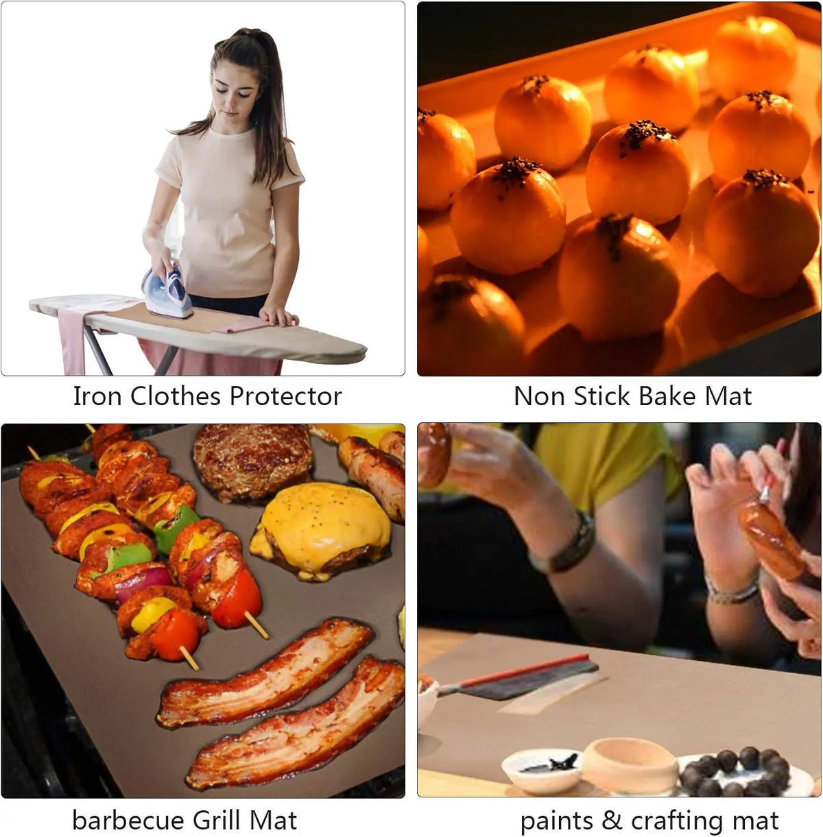 A woman is shown using an Iron Clothes Protector, a Non Stick Bake Mat, a barbecue Grill Mat, and a paints & crafting mat.