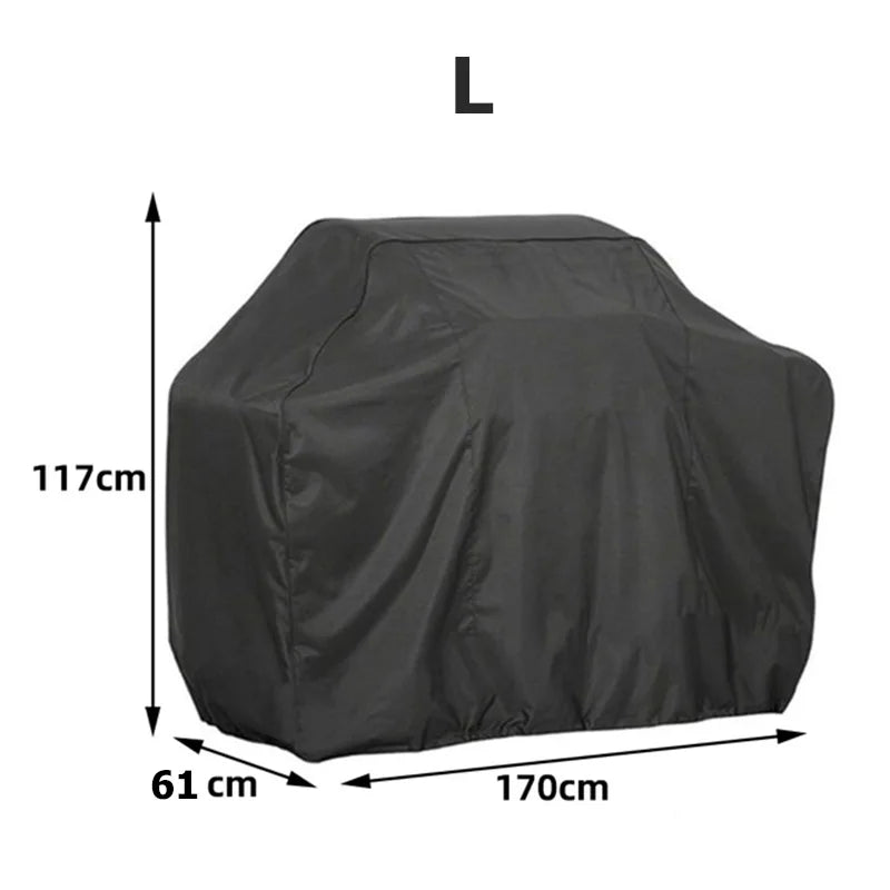 Black heavy-duty BBQ grill cover shown with dimensions 117cm high, 61cm wide, and 170cm long.