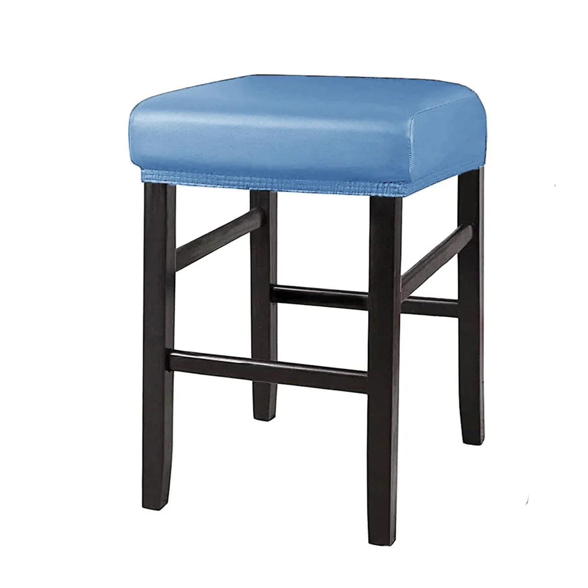 A dark wood bar stool with a light blue waterproof PU leather seat cushion.