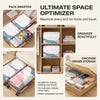 Storage bags for comforters and bedding shown in various sizes and colors being packed into a storage box