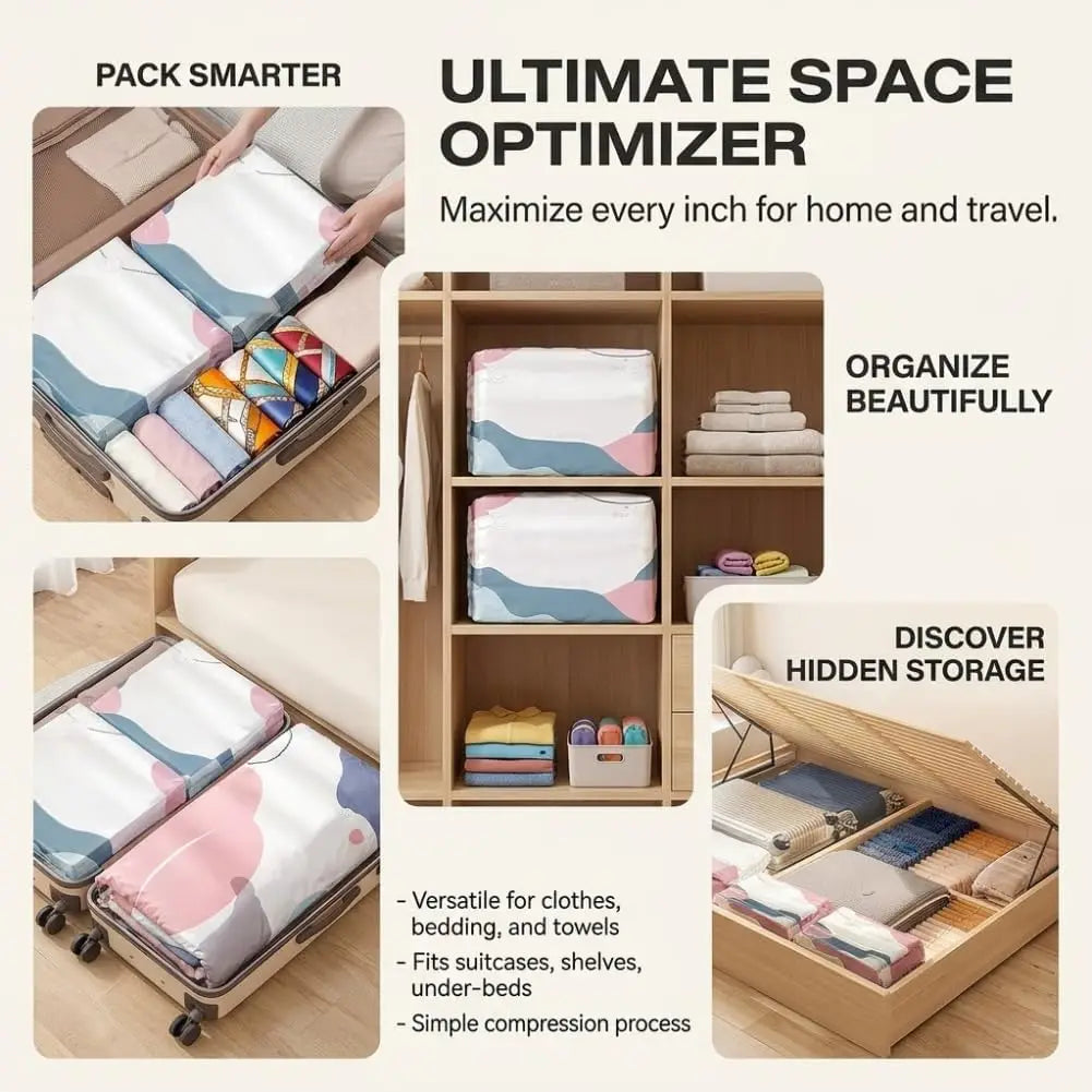 Storage bags for comforters and bedding shown in various sizes and colors being packed into a storage box