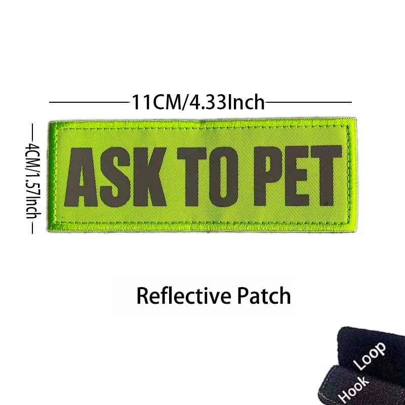 Lime green reflective patch with black text that reads ASK TO PET