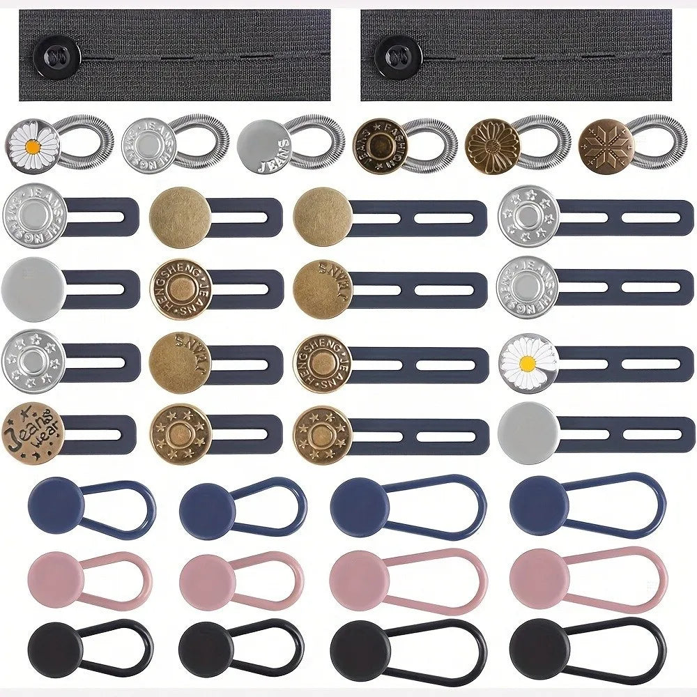 A collection of metal waistbands and extenders in various finishes and sizes for non-sew applications.