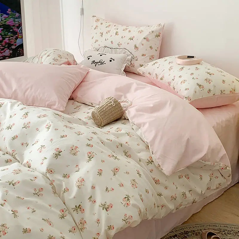 A pink floral bedding set featuring a duvet, pillows, and decorative cushions on a bed.