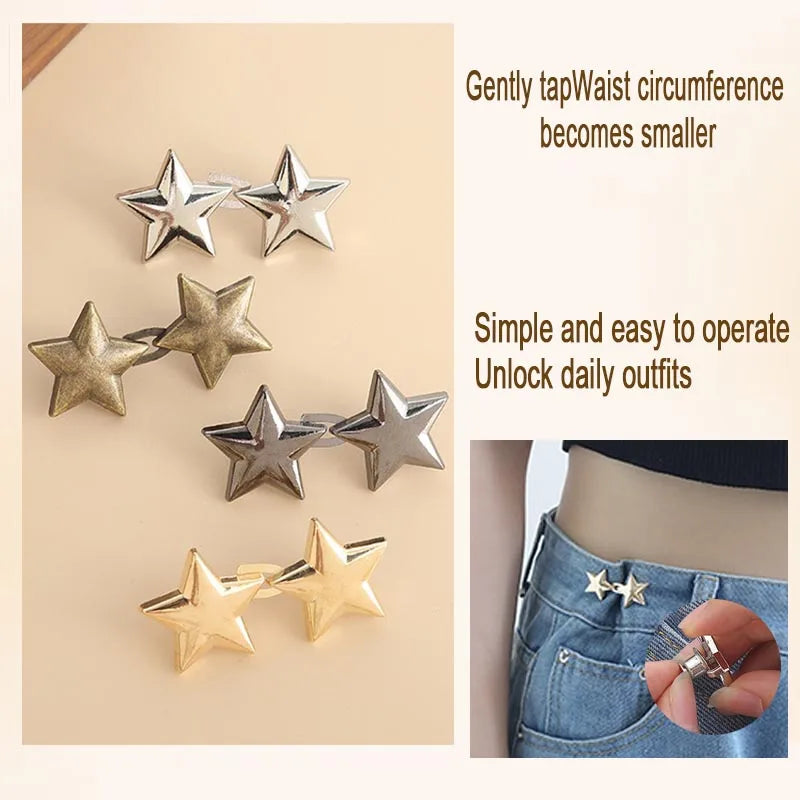 Gold star-shaped clips used to gently tighten the waist circumference of clothing.