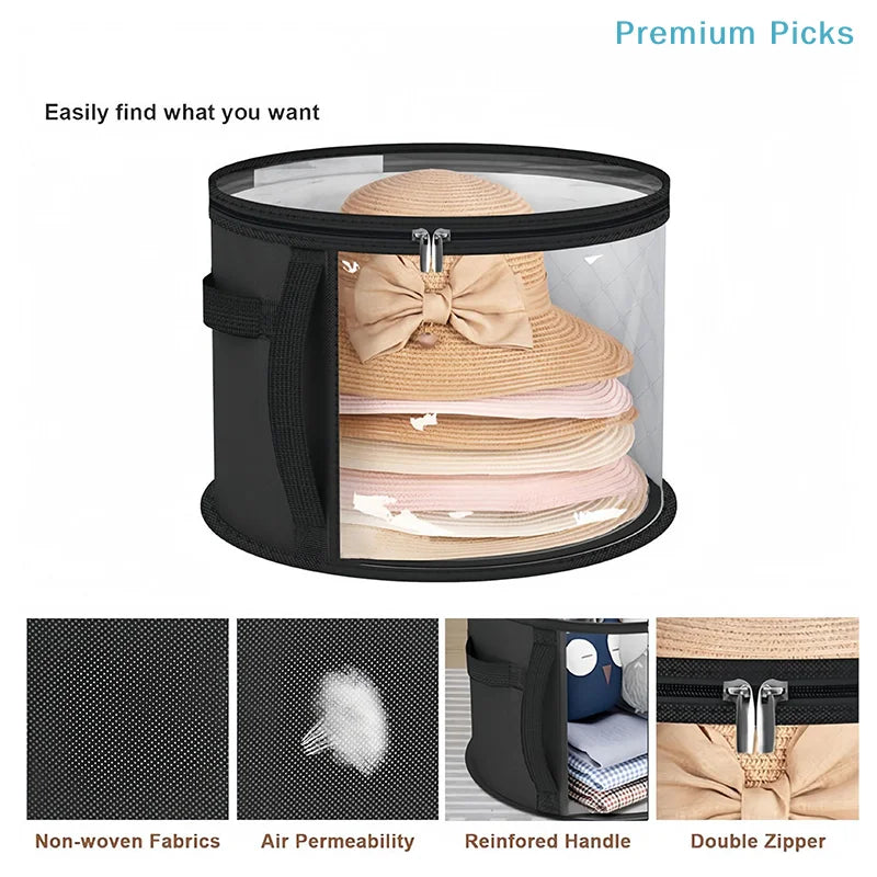 Black collapsible hat storage organizer with a clear window showing various hats and fabric features