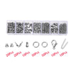 A collection of silver lobster clasp findings and jewelry components packaged in small plastic compartments.