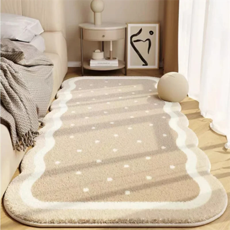 A beige seasonal decor rug with subtle geometric patterns placed on a light wooden floor.