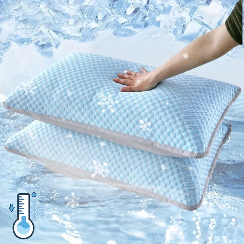 A hand is placing a light blue ice silk cooling pillowcase onto water, with ice shards visible in the background.