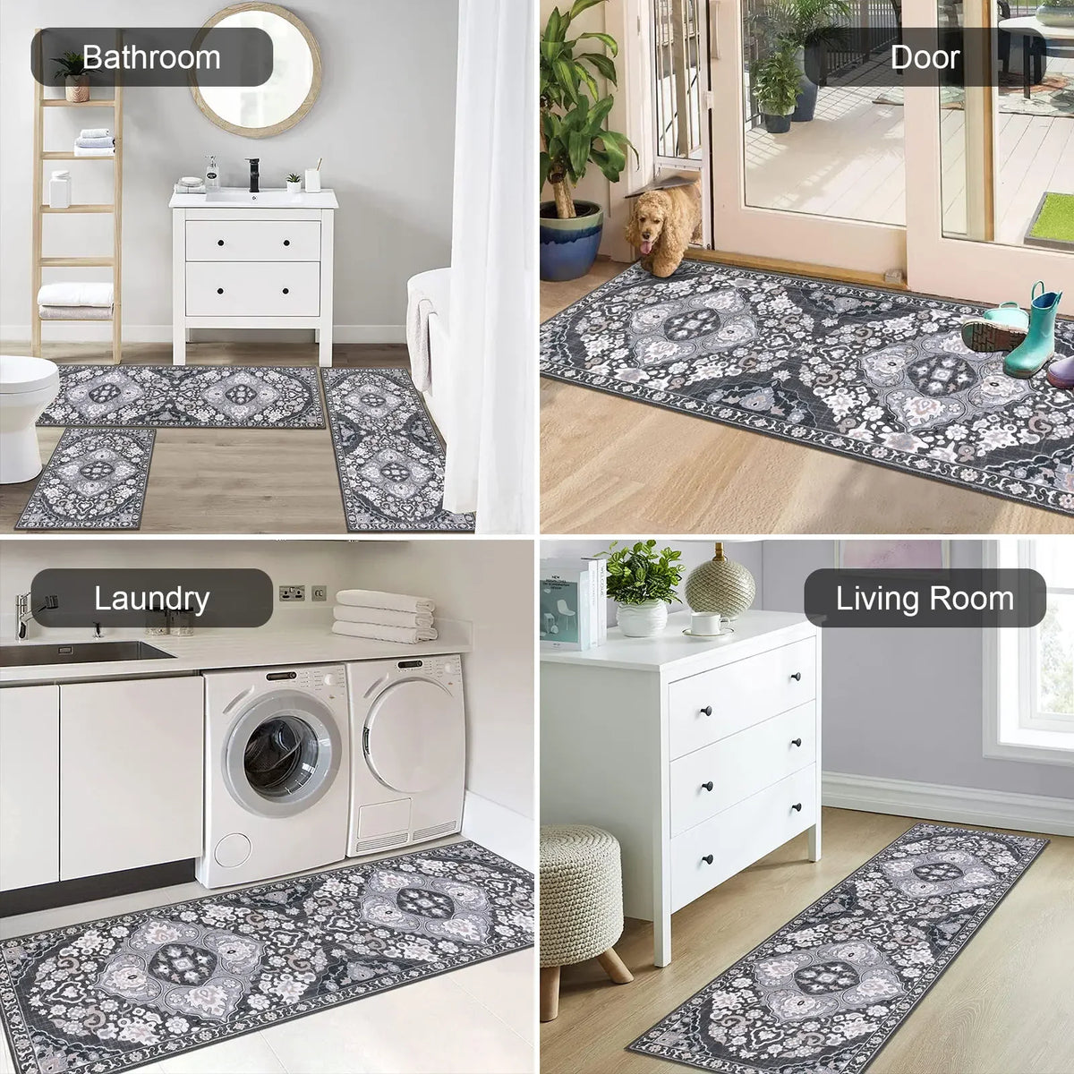 A set of bohemian anti-slip floor rugs in black and white patterned designs shown in various rooms like a bathroom, laundry a
