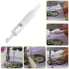 A white 2-in-1 automatic needle threader and inserter tool is shown in various close-up views.