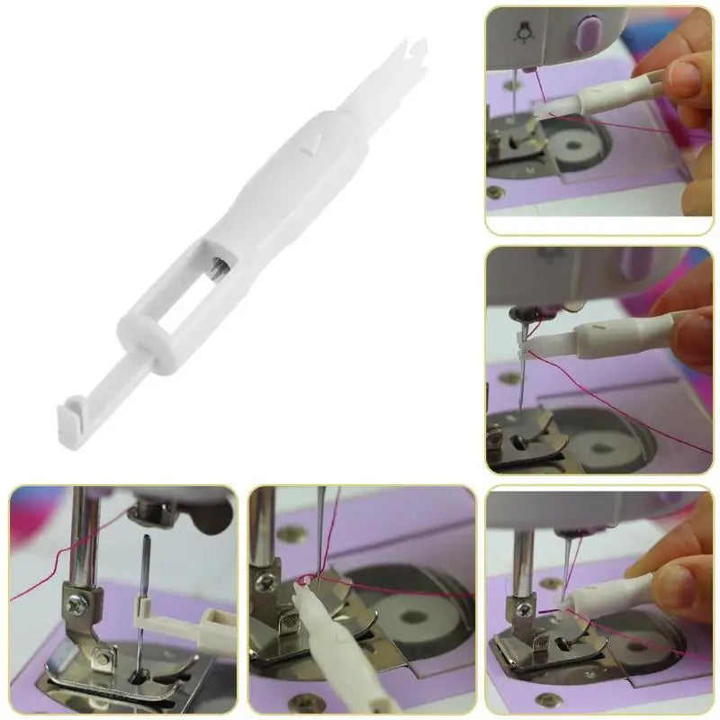 A white 2-in-1 automatic needle threader and inserter tool is shown in various close-up views.