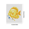 A cross stitch design of a yellow fish with blue accents on a white background.