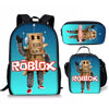 A set of two blue backpacks featuring a Roblox character design and logo