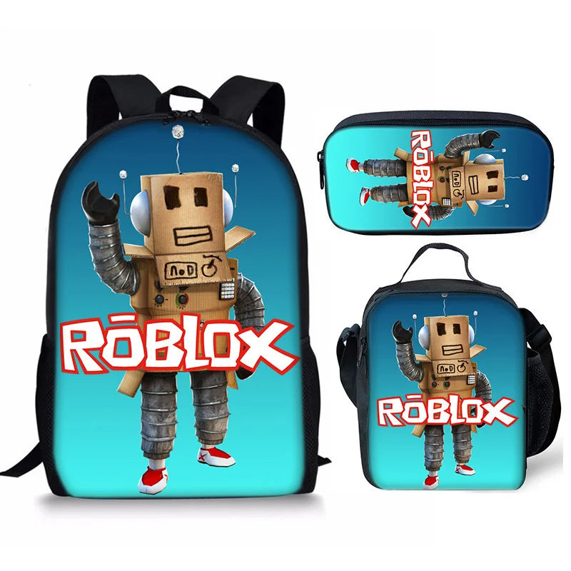 A set of two blue backpacks featuring a Roblox character design and logo