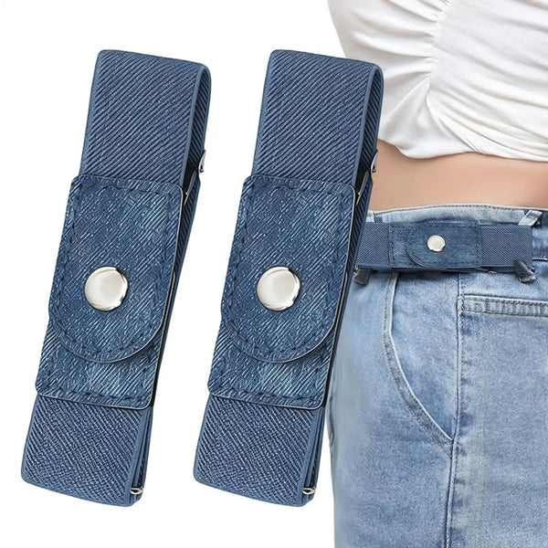 Navy blue stretchable elastic belt with a plaid pattern worn over light blue denim jeans.