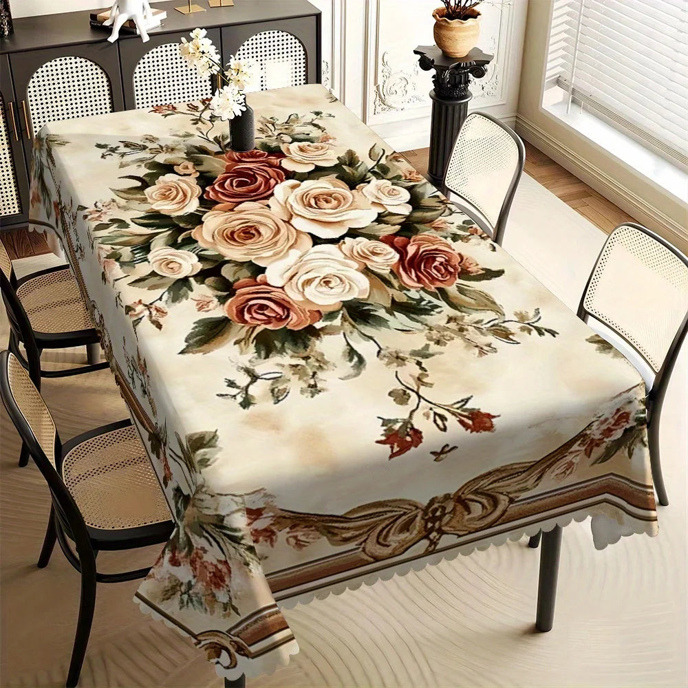 Elegant floral lace rectangular tablecloth displayed on a dining table with chairs and a window view.
