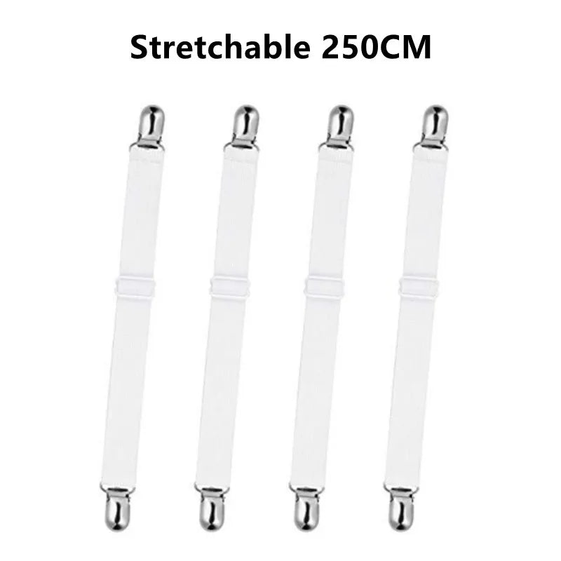 Four clear stretchable bed sheet corner straps for adjustable bedding.