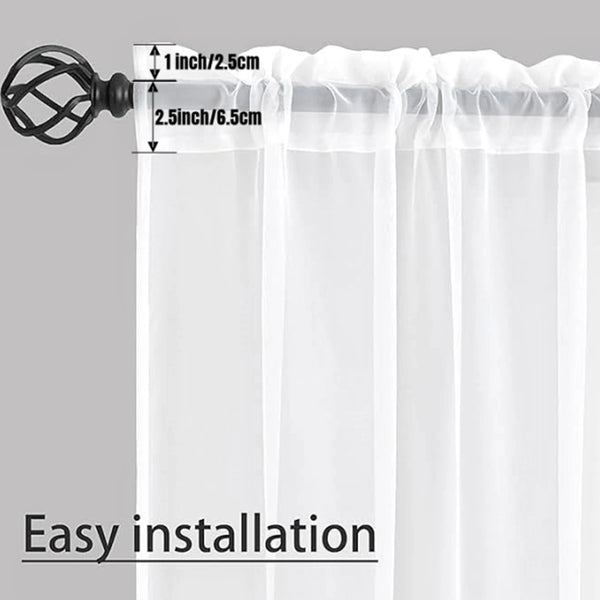 A set of sheer white voile curtains with a black mounting bracket and measuring lines.
