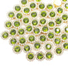A close-up of sunflower crystal rhinestone sew-on buttons in various shades of green and clear stones.