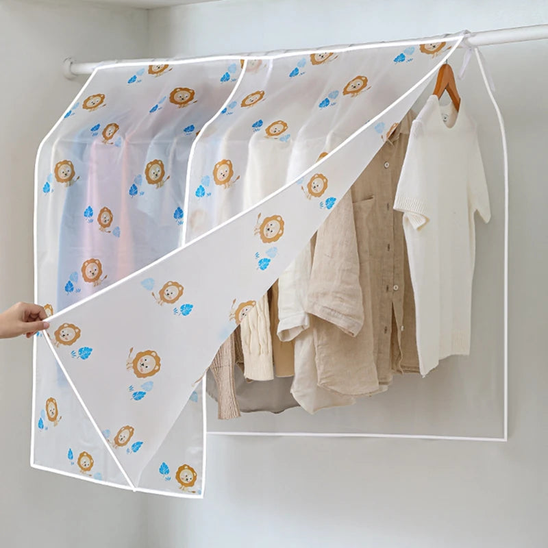 A transparent garment dust cover is shown protecting hanging clothes on a rod.