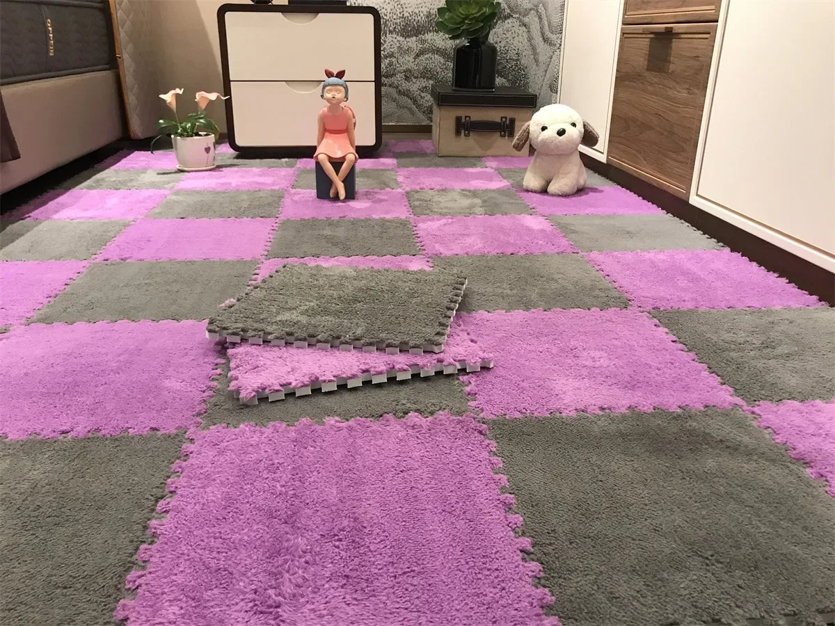 A purple and gray interlocking puzzle rug mat featuring a checkered pattern with small plush figures.