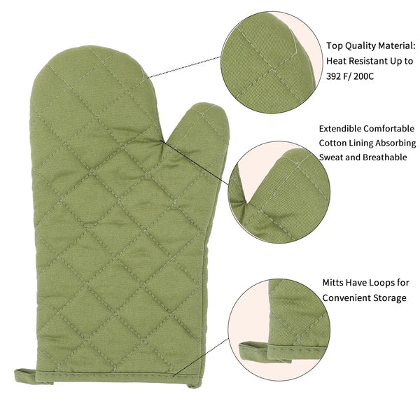 Olive green quilted cooking gloves with breathable cotton lining and loops for storage