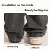 Before and after use of an invisible pant hem clip showing the difference in pant cuff appearance.