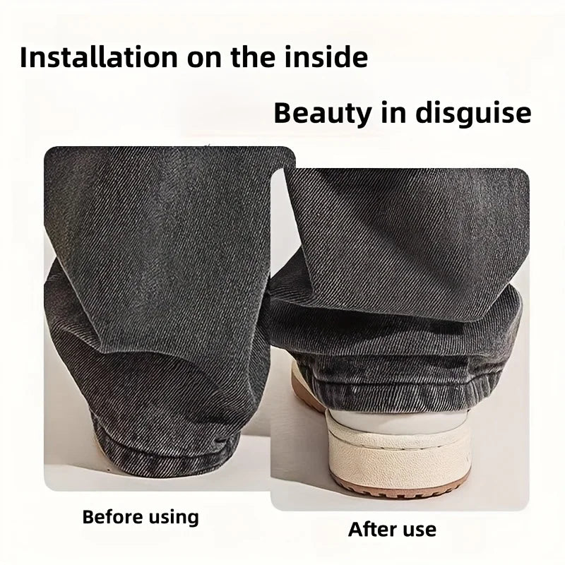 Before and after use of an invisible pant hem clip showing the difference in pant cuff appearance.
