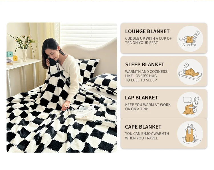 A collection of blankets including a lounge blanket, sleep blanket, lap blanket, and cape blanket shown in various contexts.