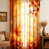 A set of two sheer curtains featuring an autumn maple leaf print with red and orange foliage, hanging in a bright room.