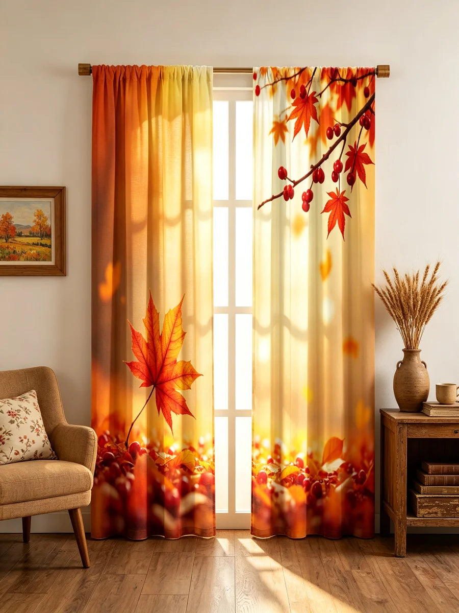 A set of two sheer curtains featuring an autumn maple leaf print with red and orange foliage, hanging in a bright room.