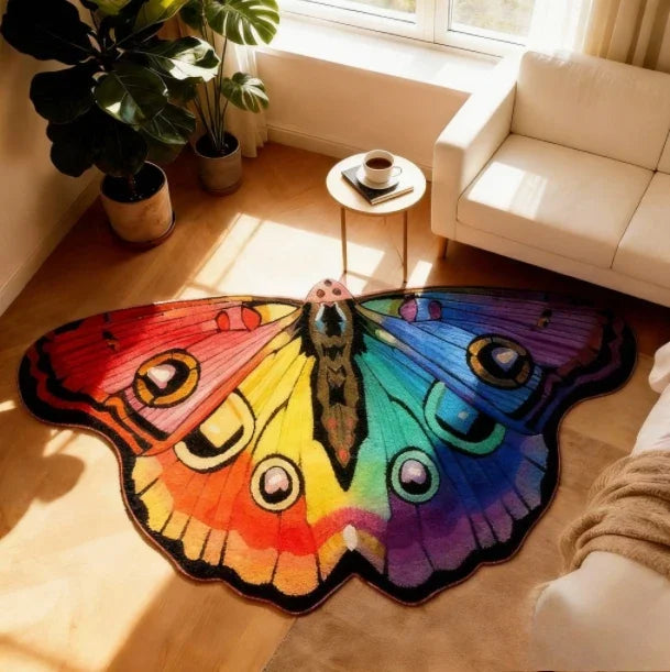 A colorful, irregular shaped plush floor rug featuring vibrant orange, yellow, green, and purple butterfly patterns.