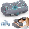 A gray ergonomic memory foam neck pillow with a light blue silk-touch cover is shown both as a product and in use.
