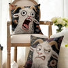 A funny screaming goat linen cushion cover displayed on a wooden chair and wicker surface.