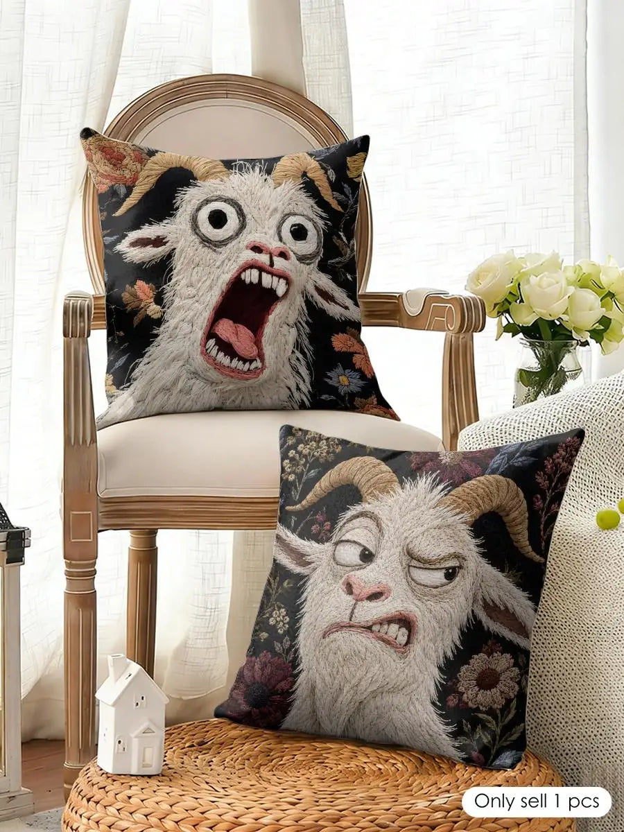 A funny screaming goat linen cushion cover displayed on a wooden chair and wicker surface.
