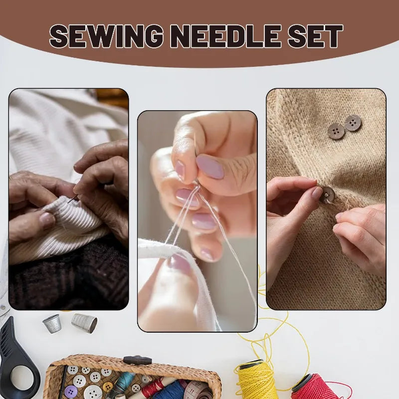 A set of stainless steel embroidery and knitting needles with various sizes and a yellow yarn spool visible.