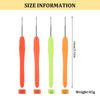 Set of four crochet hooks in orange, green, and yellow plastic with various sizes and weights