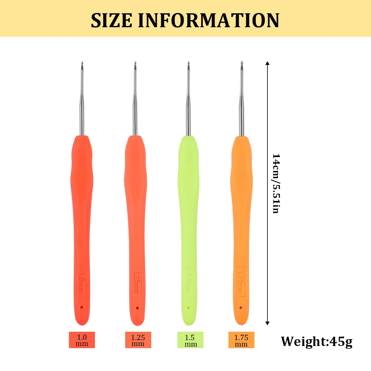 Set of four crochet hooks in orange, green, and yellow plastic with various sizes and weights