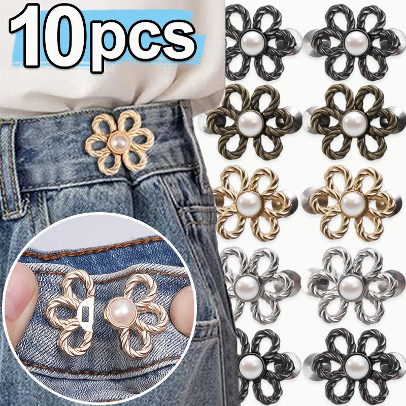 Set of 10 adjustable metal flower clips in silver and gold tones for decorating pants and jeans