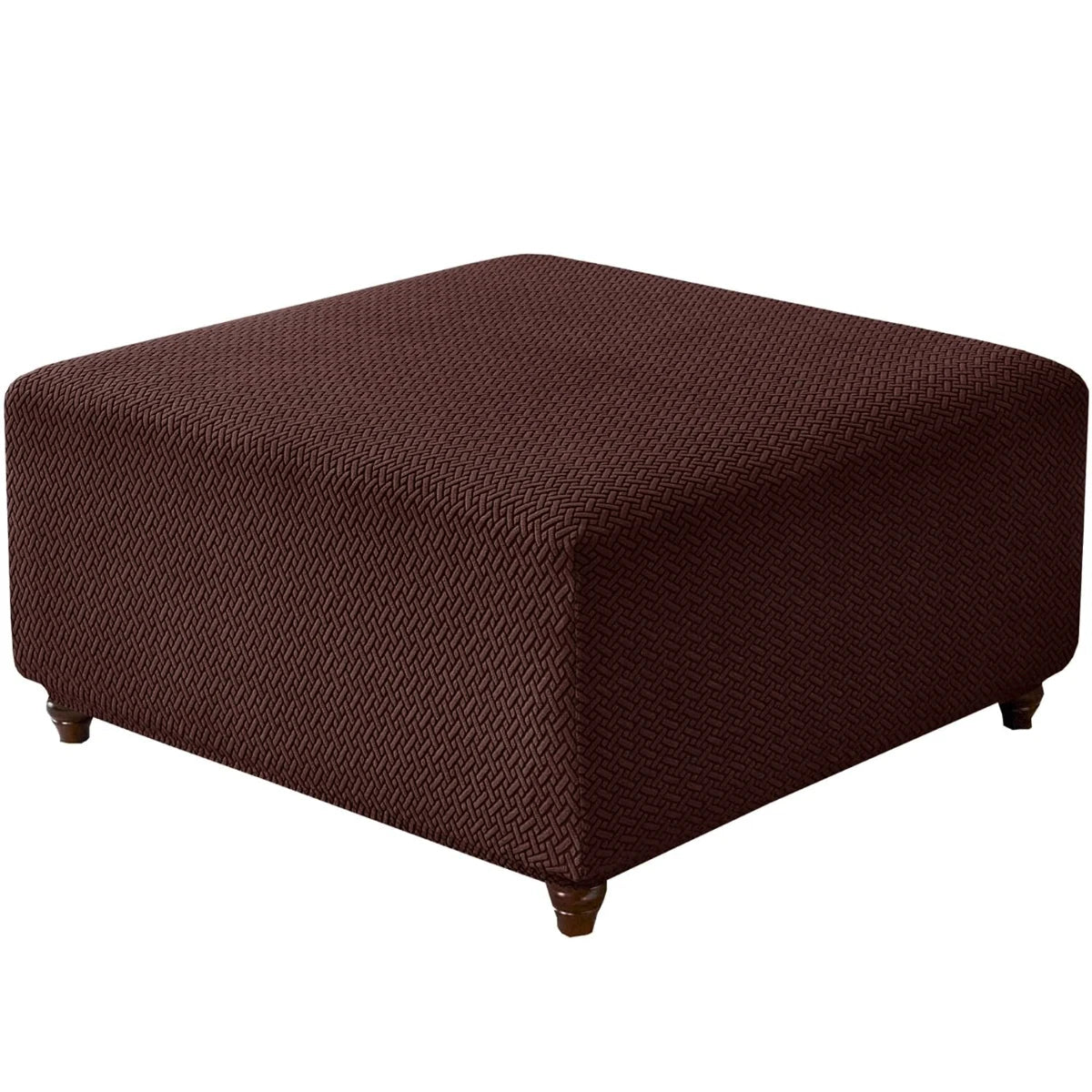 A dark brown stretch jacquard ottoman and stool cover with a textured weave.